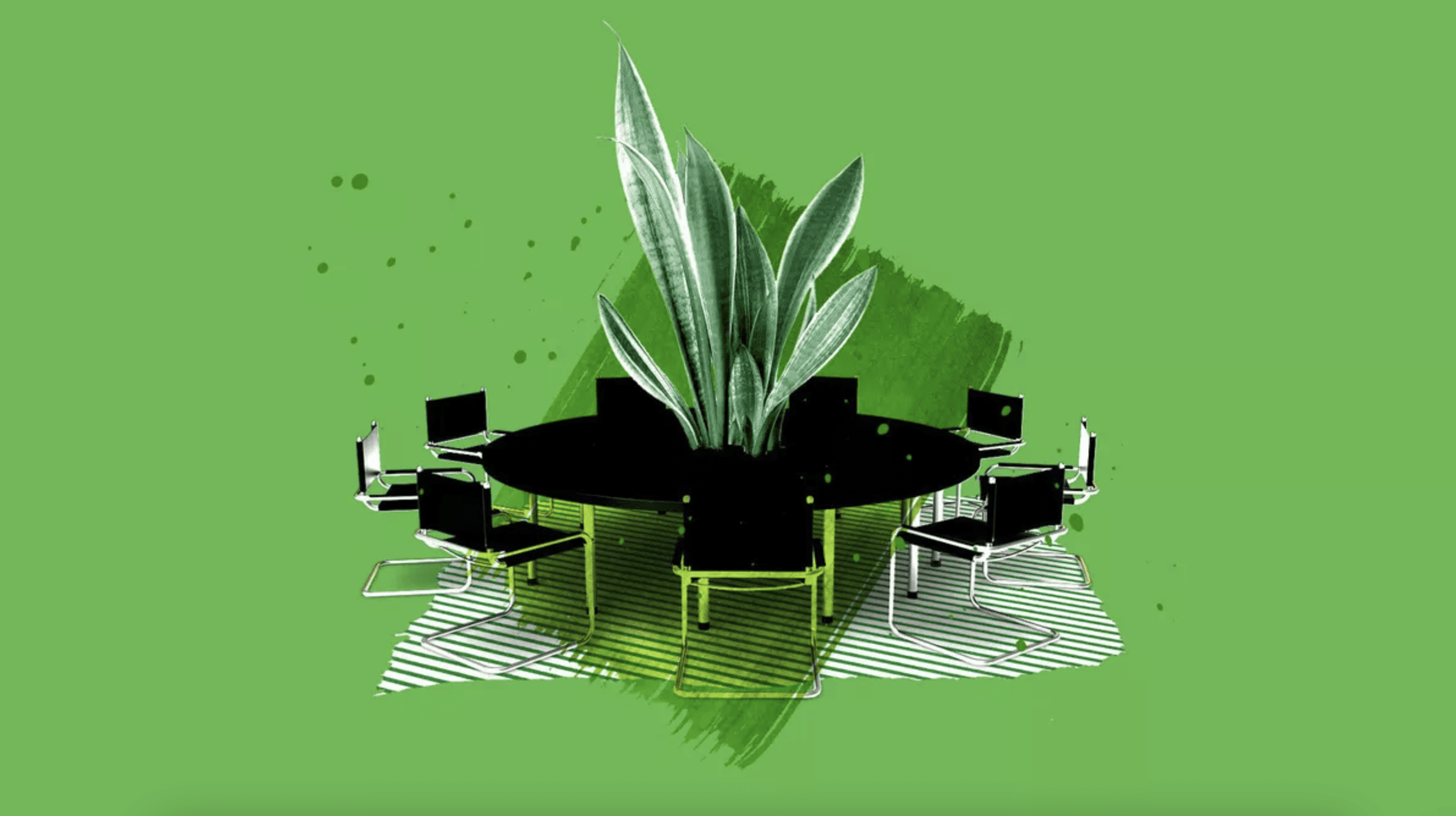 A round meeting table with a plant growing out of the center